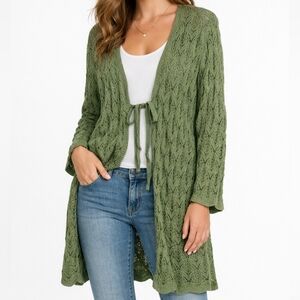 Magaschoni Nwot Cotton Open Knit Lace Duster Cardigan Olive Green Tie Front Boho
